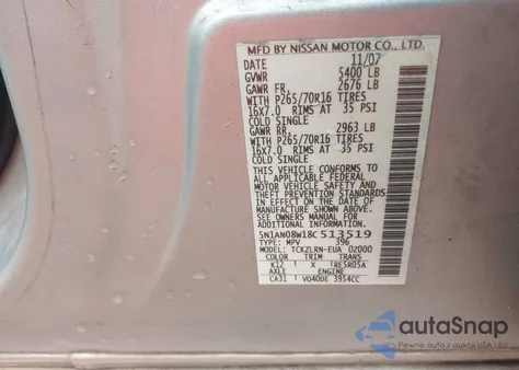 2008 Nissan Xterra S z USA, uszkodzony, nr VIN 5N1AN08W18C513519
